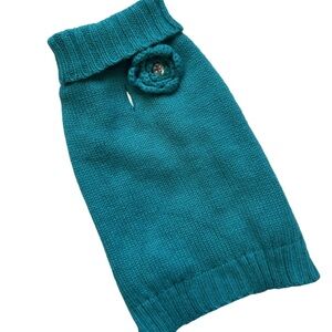 Small Teal Knit Dog Sweater with Flower – Turtleneck, Preowned Pet Lover